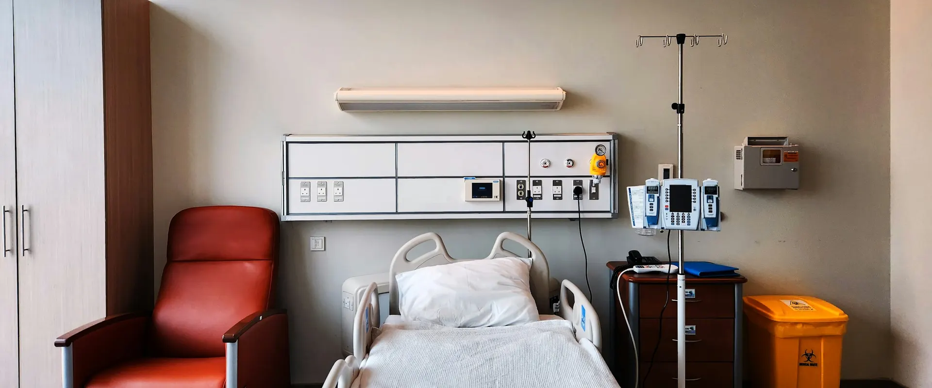Finished patient room with hospital bed, recliner and medical gas panel