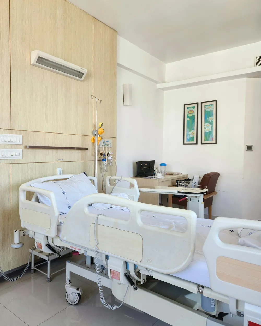 Two-bed hospital ward furnished with Fowler beds, bedside lockers and over-bed tables